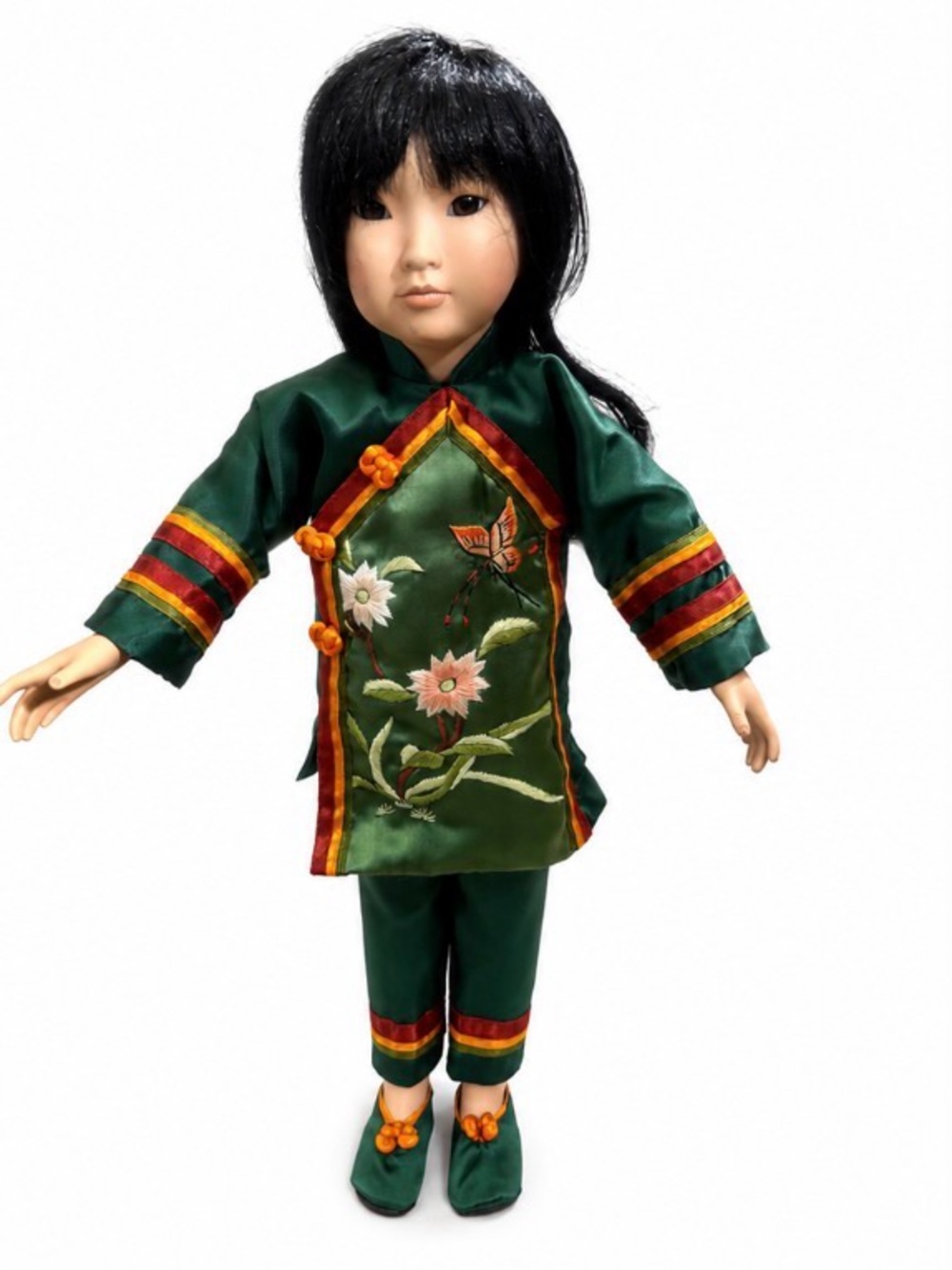 Green Embroidered Floral Doll Outfit with Orange Trim